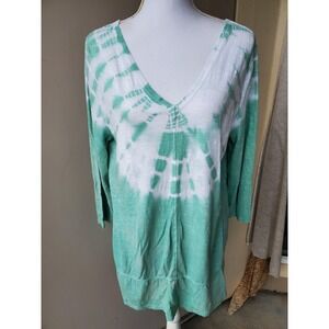 Chicos Zenergy Knit Tunic Top Women Medium Green White Tie Dye 3/4 Sleeve V-Neck